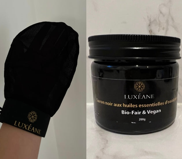 ✨ Coffret Rituel Hammam – Savon Noir à l’Eucalyptus & Gant Kessa en Soie de Mûrier Vegan